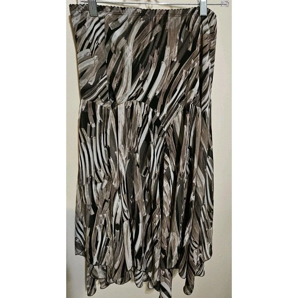 Susan Graver Printed Midi Skirt SZ Brown Black Abstract Asymmetrical Hem Lined